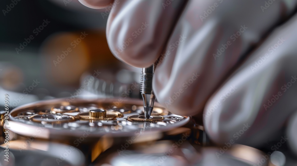 Close-up of a craftsman working meticulously on a mechanical watch, showcasing precision, dedication, and the intricate art of watchmaking in a focused setting. Close-up of a craftsman working meticulously on a mechanical watch, showcasing precision, dedication, and the intricate art of watchmaking in a focused setting.