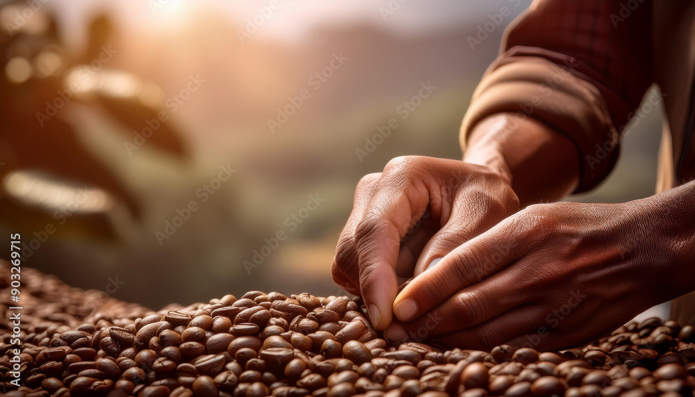 Workers select coffee beans in a coffee farm, space for text Workers select coffee beans in a coffee farm, space for text