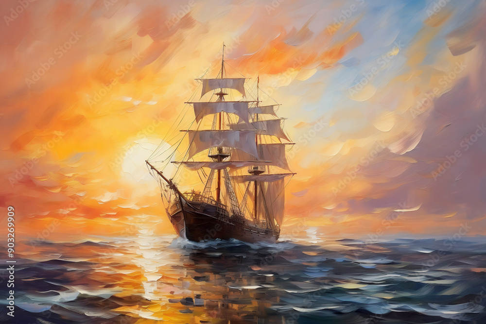 Fototapeta premium Seascape with a large sailing ship at sunset. Oil painting in impressionism style.