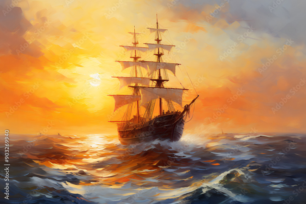 Obraz premium Seascape with a large sailing ship at sunset. Oil painting in impressionism style.
