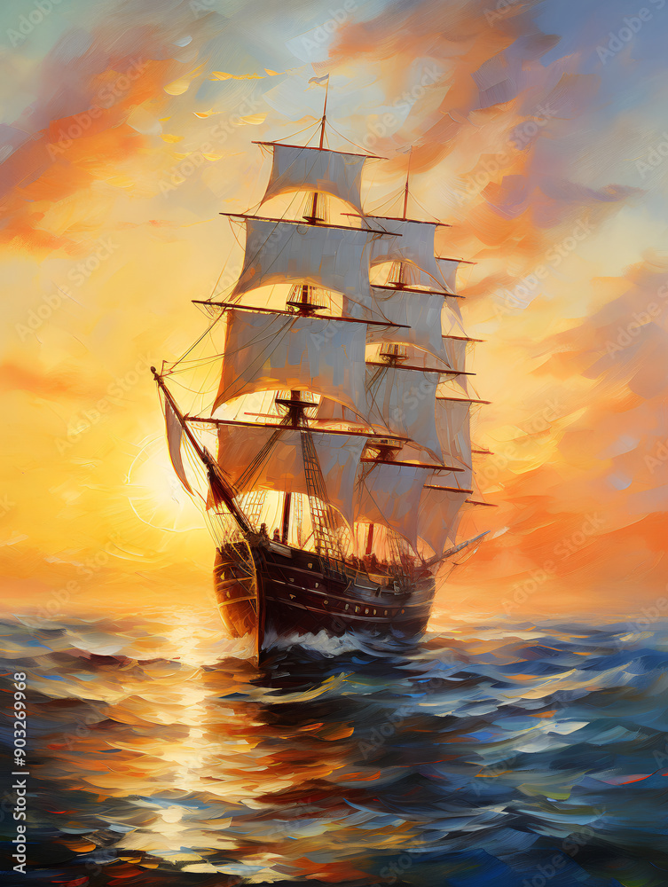 Fototapeta premium Seascape with a large sailing ship at sunset. Oil painting in impressionism style.