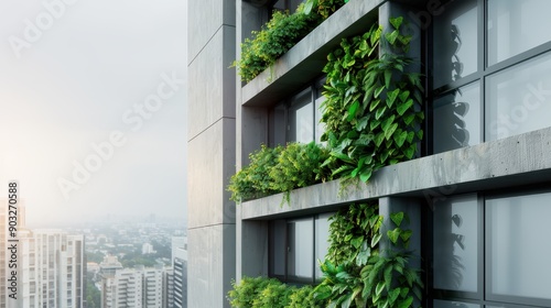 A contemporary building facade displayed with lush vertical garden plants adorning the sides, providing an environmentally friendly and aesthetic visual appeal.