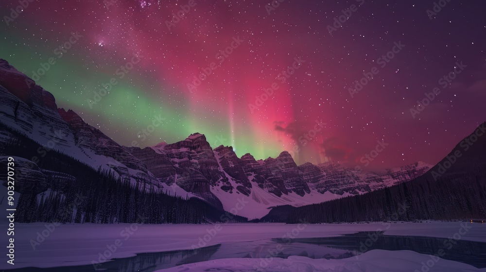A brilliant display of auroras in green and pink hues above a mountain lake A brilliant display of auroras in green and pink hues above a mountain lake