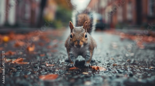 A squirrel standing on a wet street surrounded by autumn leaves, set against a blurred urban background, showing the contrast between wildlife and city life. photo