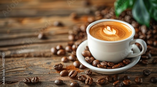 Morning Boost: Espresso Cup with Fresh Beans on Wooden Table