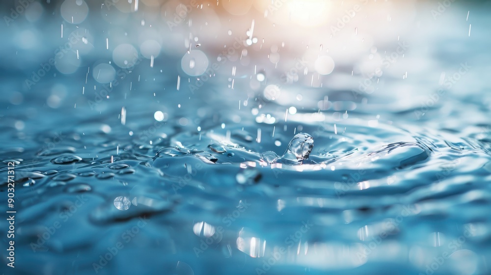 Close-up view of water droplets falling on a calm water surface, creating ripples and splashes under soft lighting that highlights the texture and motion of the water. Close-up view of water droplets falling on a calm water surface, creating ripples and splashes under soft lighting that highlights the texture and motion of the water.