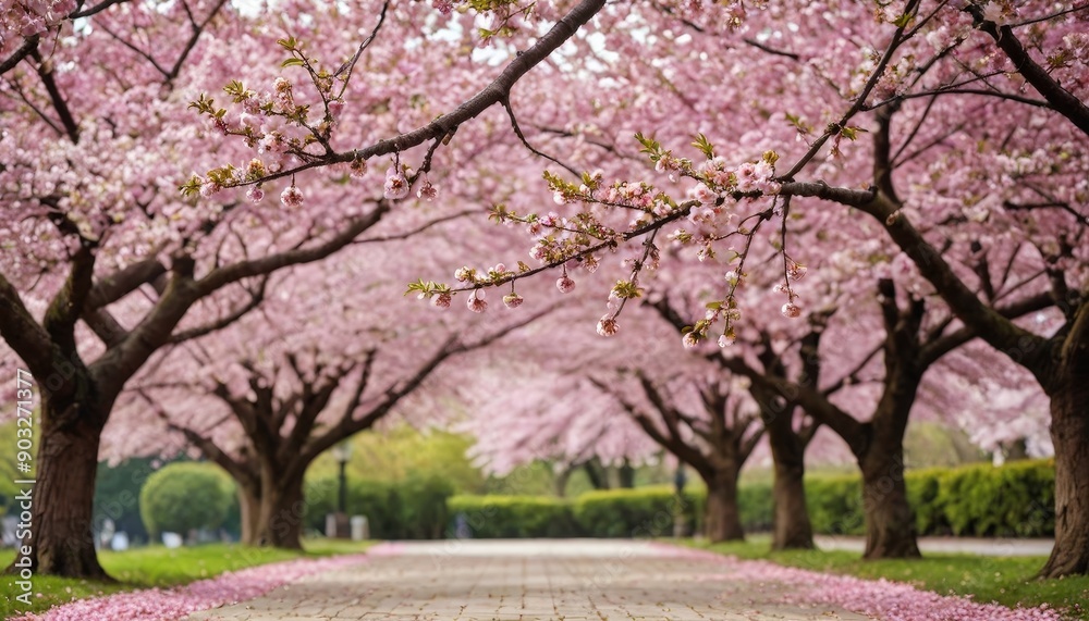 Naklejka premium Pink Cherry Blossoms Pathway in Spring.