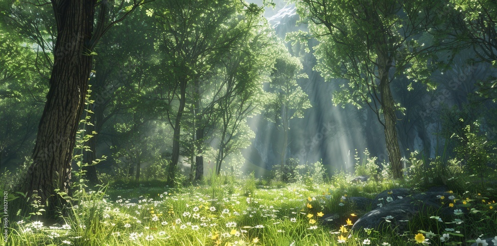 Tranquil Forest Serenity. Lush, vibrant nature in high detail and realistic style.