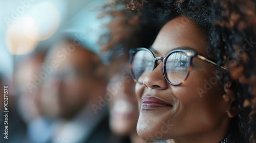 A lively group of people smiling and enjoying themselves at a social event, with the focus on one person's curly hair in the foreground, exuding joy and camaraderie.