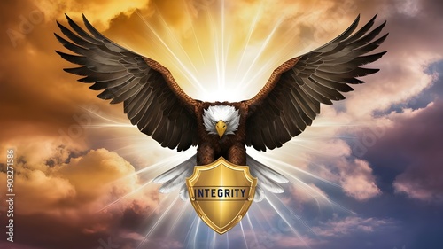 A majestic eagle soaring high in the sky, its wings outstretched, with a shining golden shield emblazoned with the word 