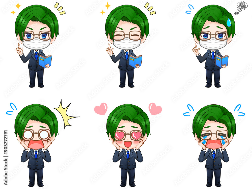 Φωτογραφία 緑髪マスク眼鏡サラリーマンのちびキャラ素材セット
