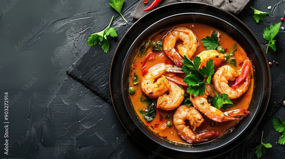 Moqueca with Fish and Shrimps in black bowl on dark slate table top Brazilian sea food curry dish with coconut milk and vegetables Top view Moqueca with Fish and Shrimps in black bowl on dark slate table top Brazilian sea food curry dish with coconut milk and vegetables Top view