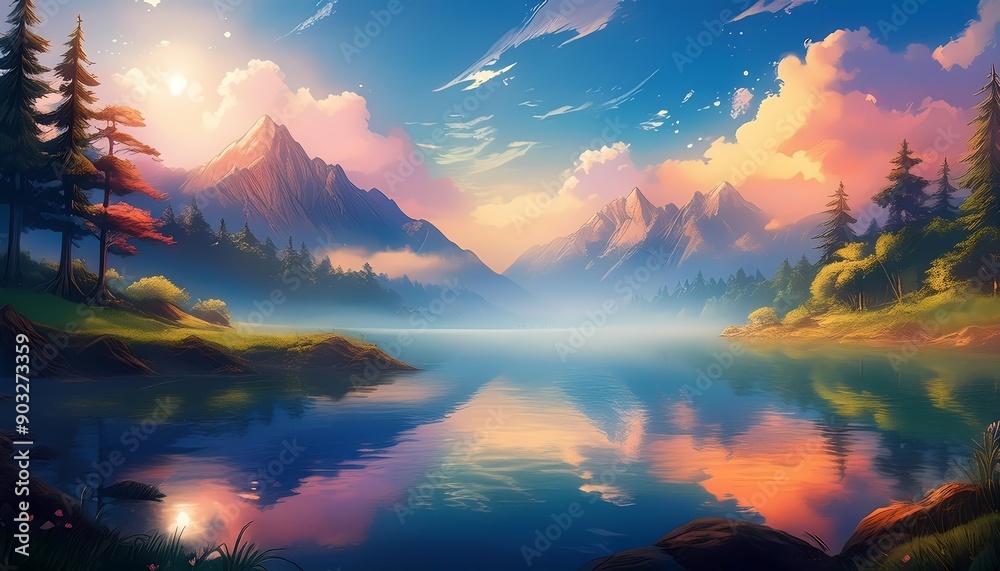 Obraz premium Serene mountain lake with mist and morning light at dawn, peaceful and mystical