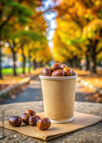 roasted chestnuts in a paper bag on a street background, packaging with nuts, traditional autumn food, snack, delicious, sweet, brown, September, October, fall, walk, outside, handful, shell, yellow photo