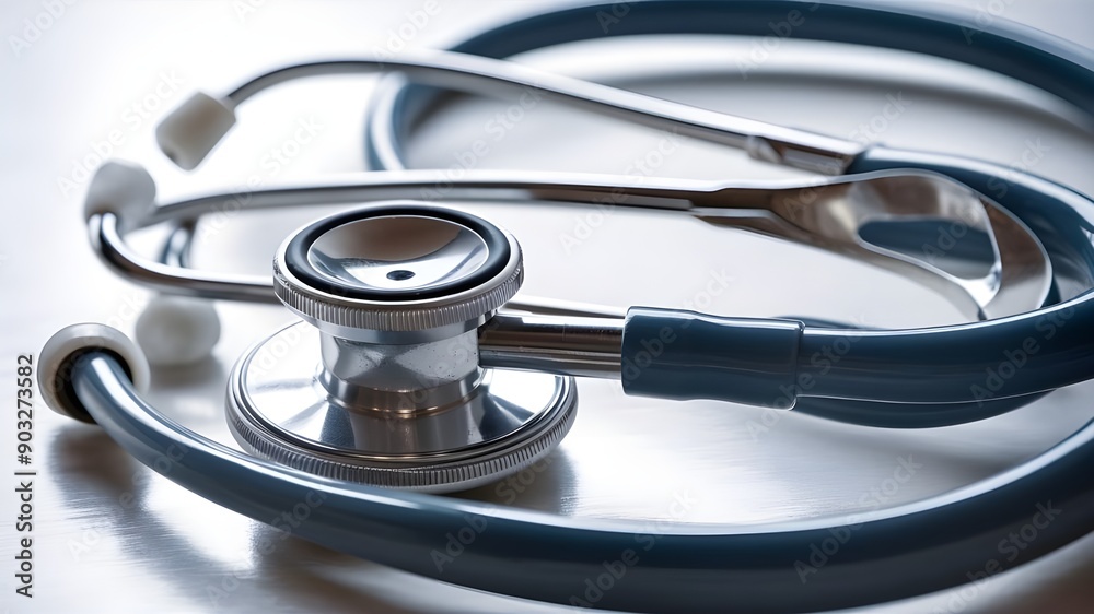 A stethoscope, complete with its two earpieces and the long, flexible tubing connecting them. A stethoscope, complete with its two earpieces and the long, flexible tubing connecting them.