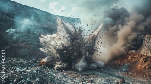 Explosion blast in open cast mining quarry mine photo