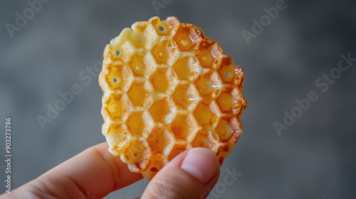 Hand holding the Hong Kong waffle or Dessert Waffle egg is traditional Hong Kong street food Made from milk butter eggs sugar and flour baked in a mold that has a honeycomb pattern photo