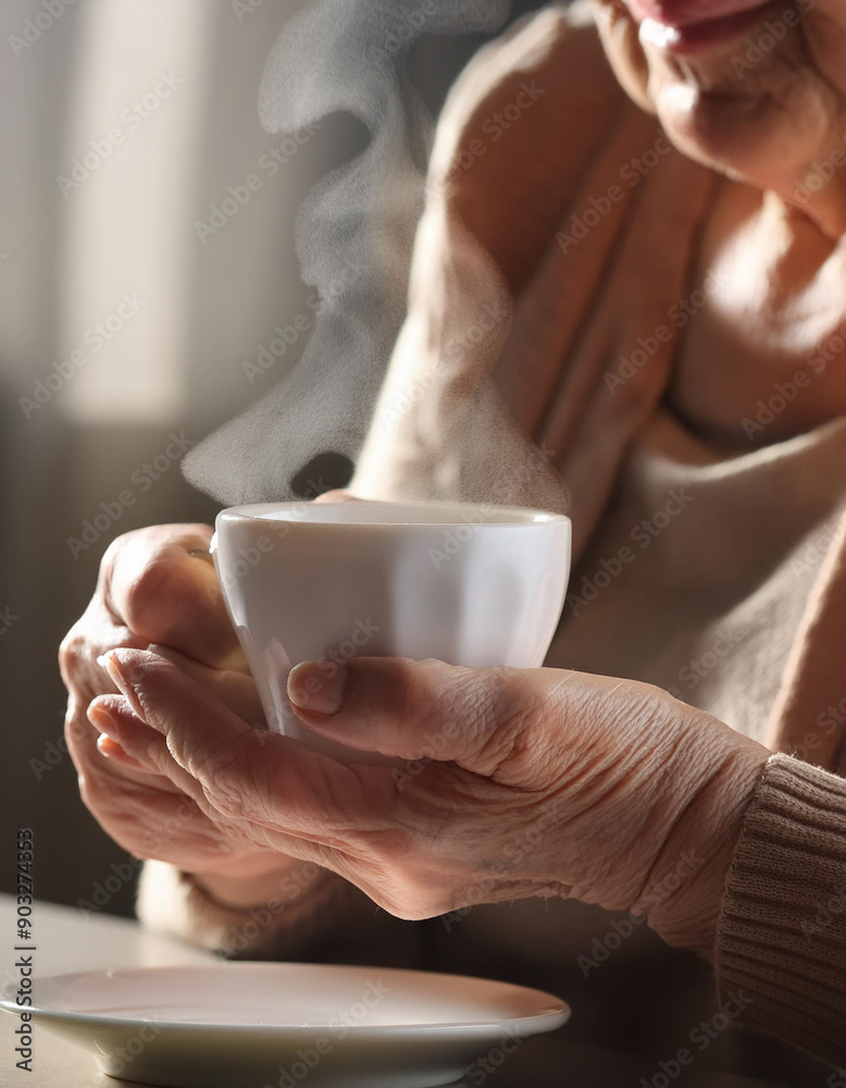 International Coffee Day text for autumn and winter greeting cards, posters or banners. Female hands in sweater holding a cup of coffee on yellow background International Coffee Day text for autumn and winter greeting cards, posters or banners. Female hands in sweater holding a cup of coffee on yellow background