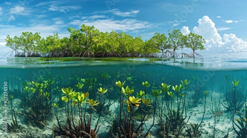 Mangroves in brackish water on the coast creating shoreline stabilization and a home for a rich biodiversity