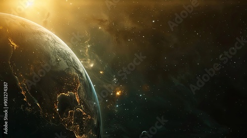 Illuminated face of a planet in outer space a sunny light shining behind