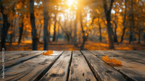 Autumn background Empty old rustic wood table with blur forest tree with sunlight Autumn fall backdrop banner for product display for advertise on online thanksgiving concept