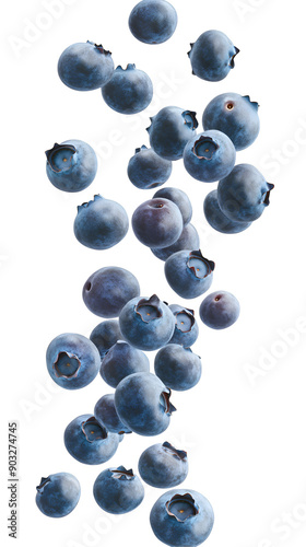 Ripe blueberries descending gracefully isolated on white background, full depth of field, transparent png background photo