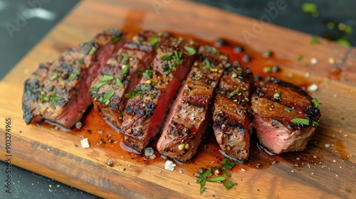 Sliced steak ribeye grilled in barbeque with pepper garlic salt and thyme photo