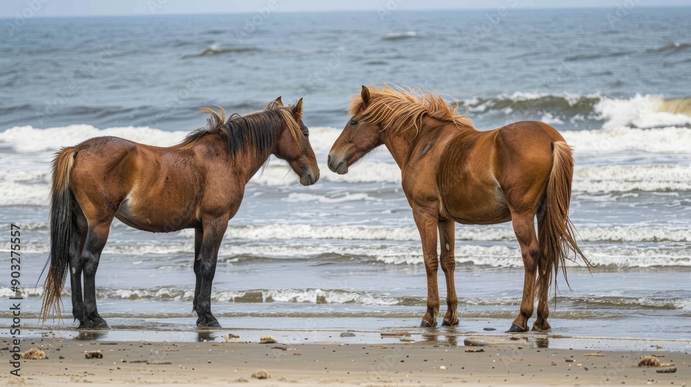Two wild horses facing away from each other on the beach before mating in the Outer Banks North Carolina Two wild horses facing away from each other on the beach before mating in the Outer Banks North Carolina