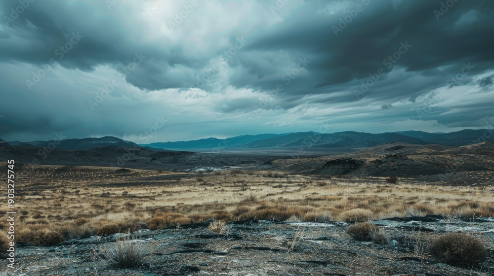 Desolate landscape amid overcast skies in hilly terrain Desolate landscape amid overcast skies in hilly terrain