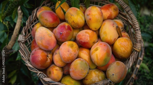 Fruit basket full of ripe mangoes A wicker basket full of fresh ripe mangoes photo