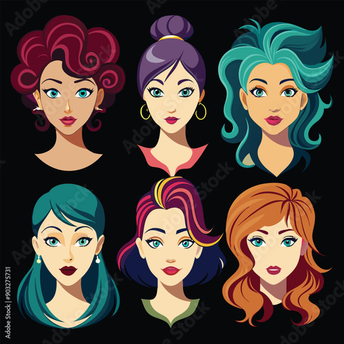 A vector set features cartoon girls with varied hairstyles, expressions, and colors, showcasing fashion beauty