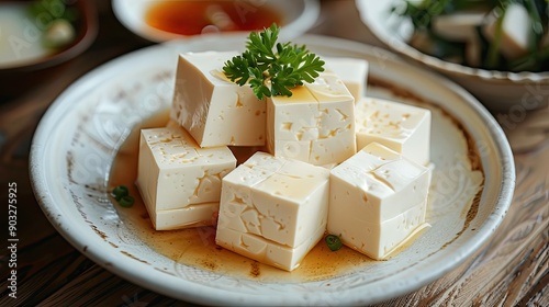 Fermented bean curd in white plate Red Sufu Chinese Cheese photo