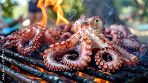 Fototapeta Naklejka Na Ścianę i Meble -  Summer barbecue with octopus in the camping in Puglia