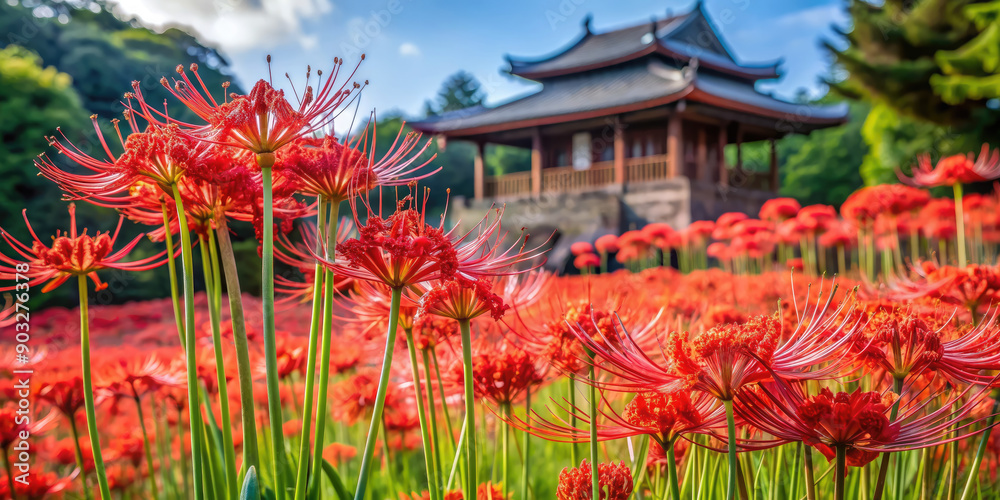 red lycoris flower on the background of a Japanese traditional temple, spider lily, Higan, autumn, holiday, festival, symbol of death, Obon, All Souls' Day, Asia, east, oriental, August, Japan