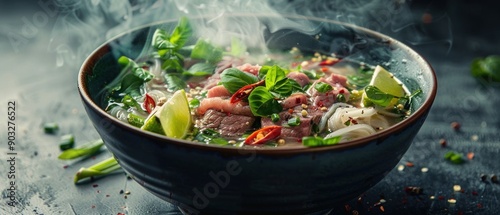 Vietnamese Pho Bo soup with beef, noodles and lemon on a dark background.