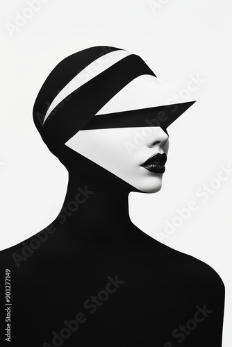 Minimalist Monochrome Portrait of a Woman in Avant-Garde Fashion With Geometric Black and White Hat and Turtleneck