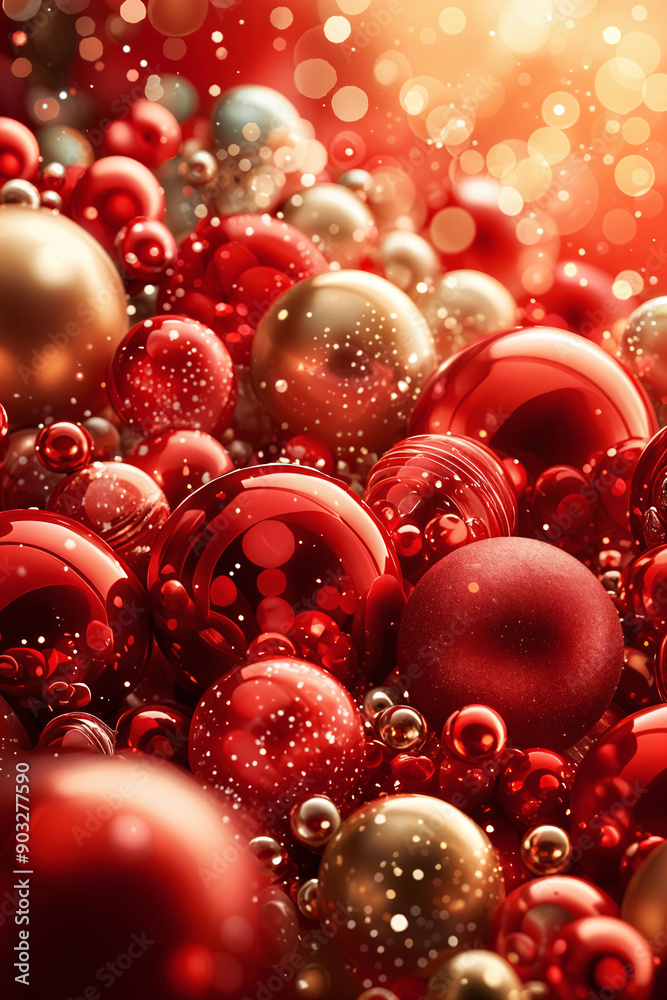 Cluster of shiny, red and gold Christmas ornaments with bokeh light effects creating a festive atmosphere. Cluster of shiny, red and gold Christmas ornaments with bokeh light effects creating a festive atmosphere.