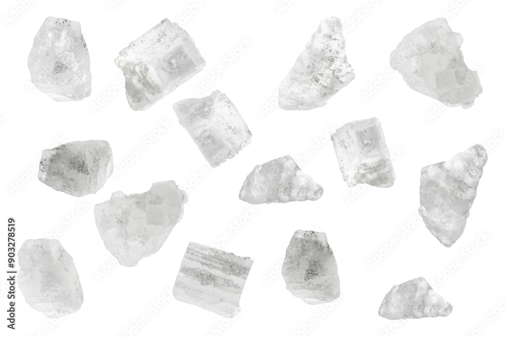 Sea salt crystals in air on white background Sea salt crystals in air on white background