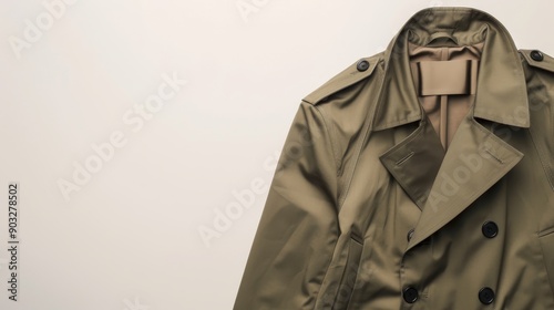Trendy olive green trench coat with large buttons, isolated on a plain background, with plenty of space for copy or branding needs © Paul