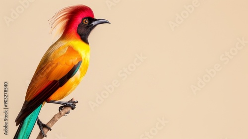 Tropical bird with vivid plumage and long tail feathers, isolated on neutral background, room for copy text photo