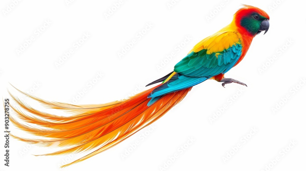 Vibrant tropical bird with long tail, isolated on a white background, bright and colorful plumage, space for copy text on the side Vibrant tropical bird with long tail, isolated on a white background, bright and colorful plumage, space for copy text on the side