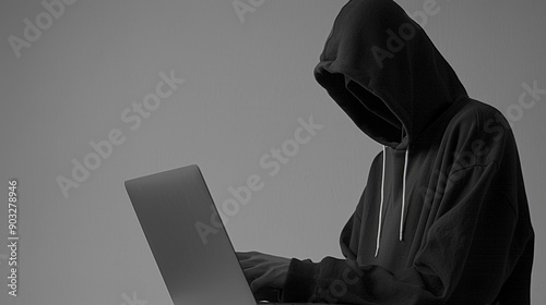 Scary man in black with hiding face working on laptop isolated on gray background, concept of dangerous hacker, harmful threatening person, potential danger.