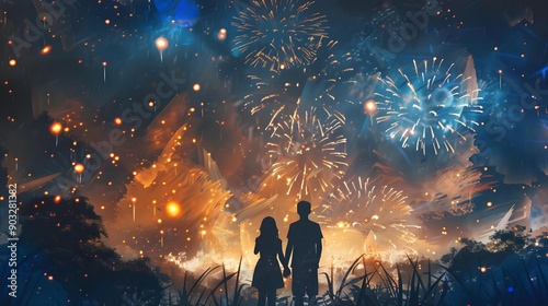 Family watching fireworks display at night