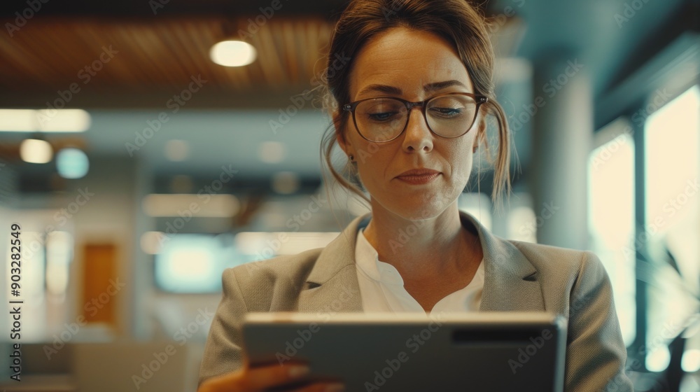 Fototapeta premium A woman wearing glasses looks at a tablet computer