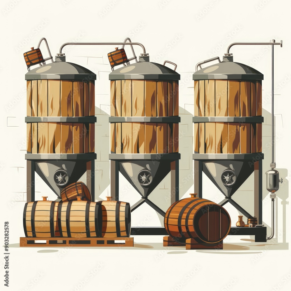Naklejka premium Three large tanks with wooden barrels in front of them