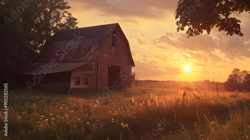 Old rustic barn at sunset in Ogle County photo