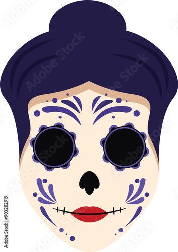 Illustration of a woman wearing makeup for day of the dead celebrating with traditional calavera face painting