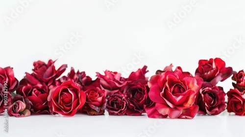 Fresh red roses arranged on a clean white surface