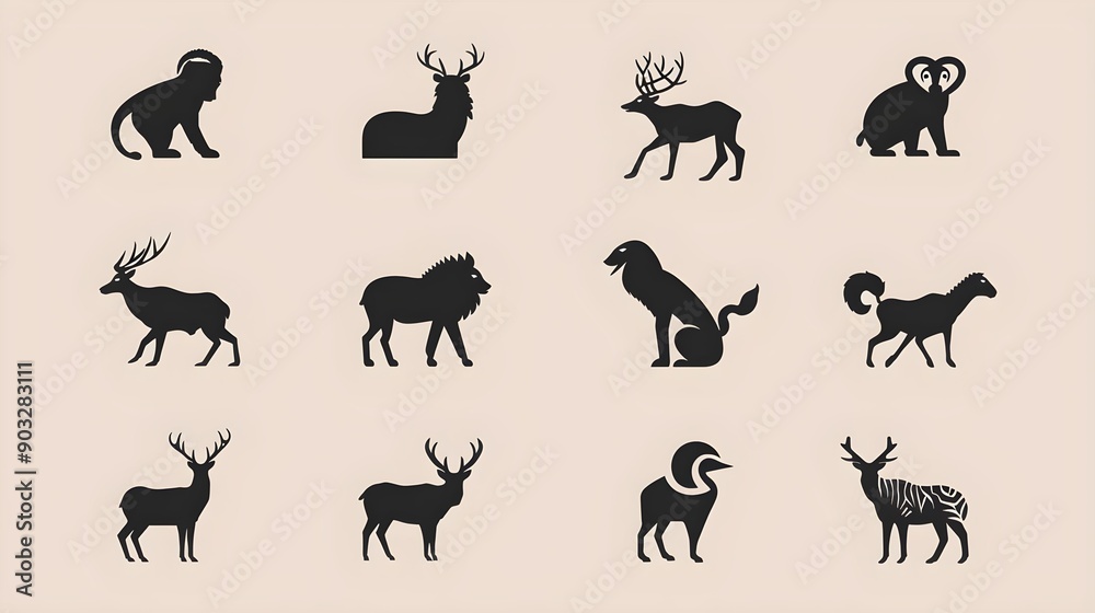 Set of modern minimalist silhouette wild animals Set of modern minimalist silhouette wild animals