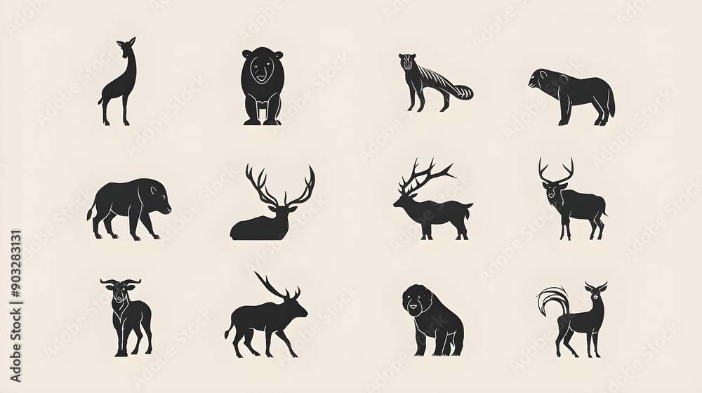 Fototapeta premium Set of modern minimalist silhouette wild animals